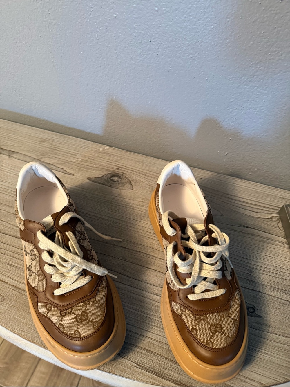 Gucci Brown Tan GG Canvas Leather Sneakers